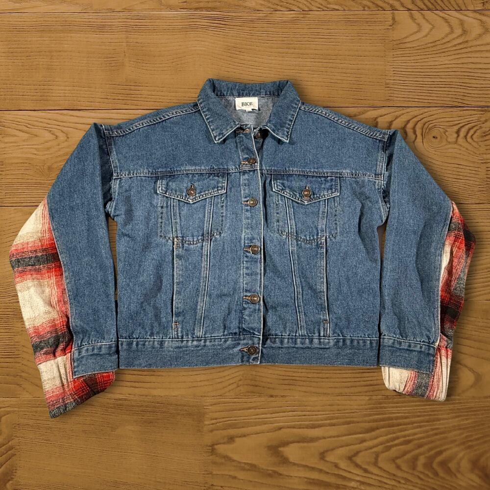 BKE Plaid and Denim Trucker Jacket Brushed Wool Blend Size Large - Picture 3 of 10